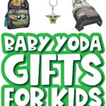 baby yoda gift image collage with the words baby yoda gifts for kids in the middle