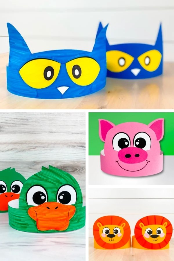 Pete the Cat, duck, pig, and lion headband craft image collage