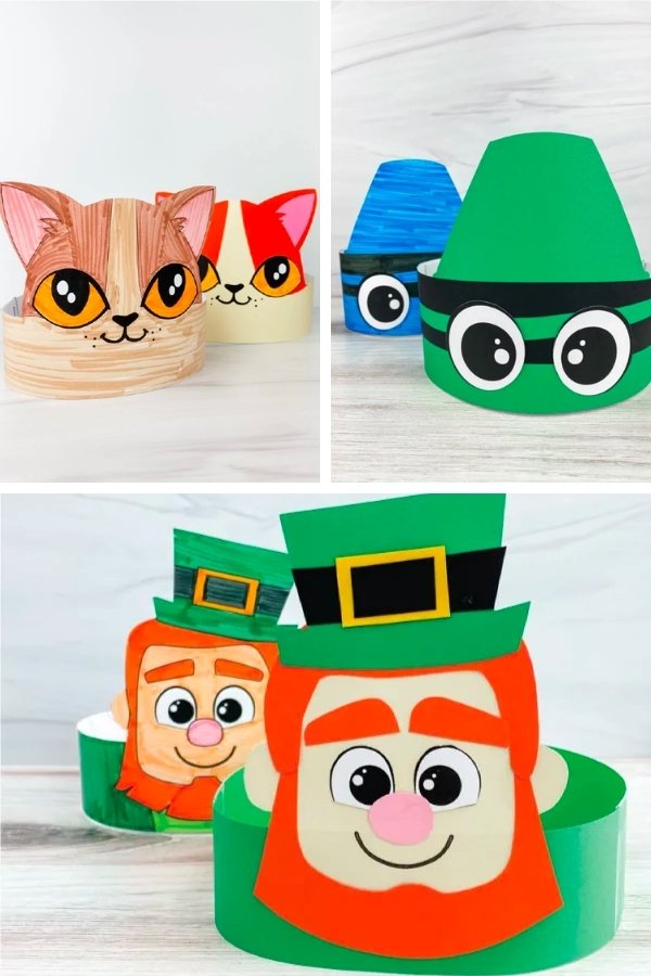 cat, crayon, and leprechaun headband craft image collage