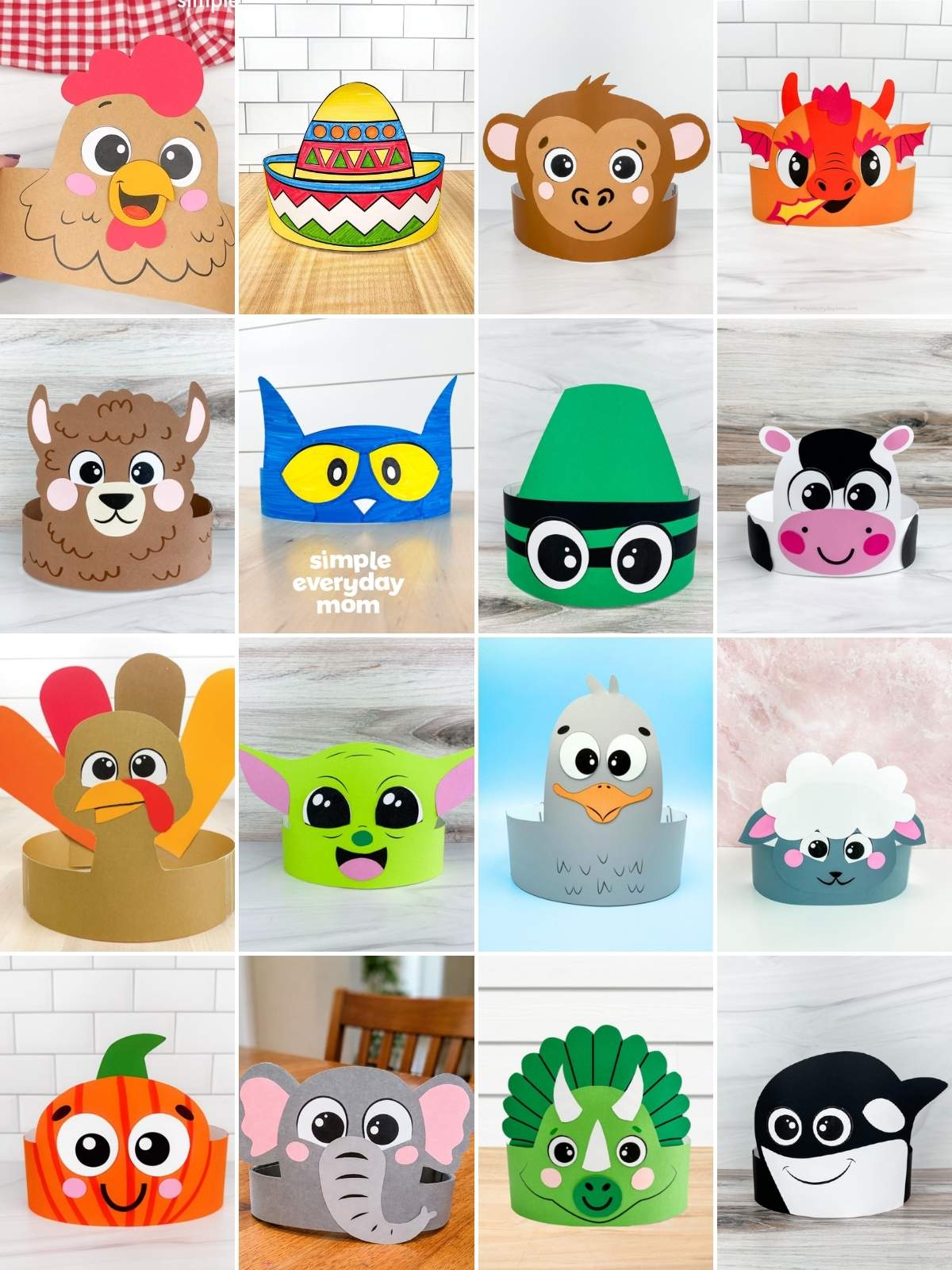 Collage of colorful paper headbands featuring animal, holiday, fantasy, and character-inspired designs.
