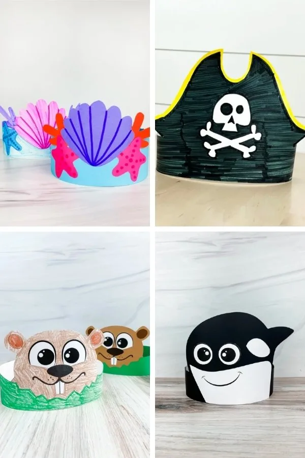 seashell, pirate, groundhog, and killer whale headband craft image collage