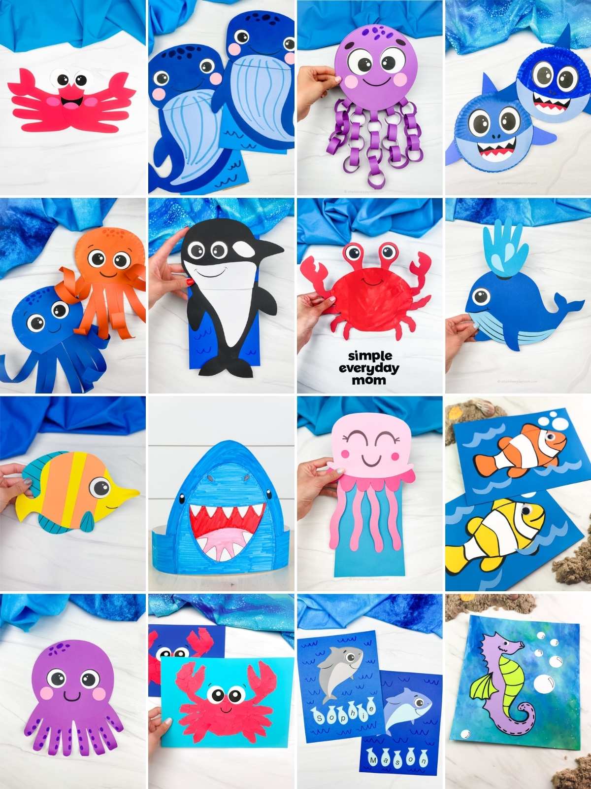 Collage of colorful ocean animal paper crafts, including crabs, octopuses, whales, sharks, fish, jellyfish, and seahorses. The crafts are arranged in a grid on a white surface with blue fabric accents.