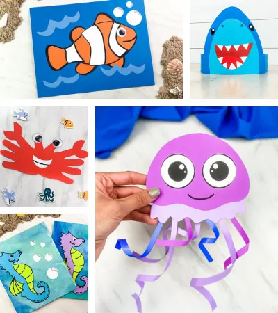 ocean crafts for kids image collage with the words ocean animal crafts for kids in the middle
