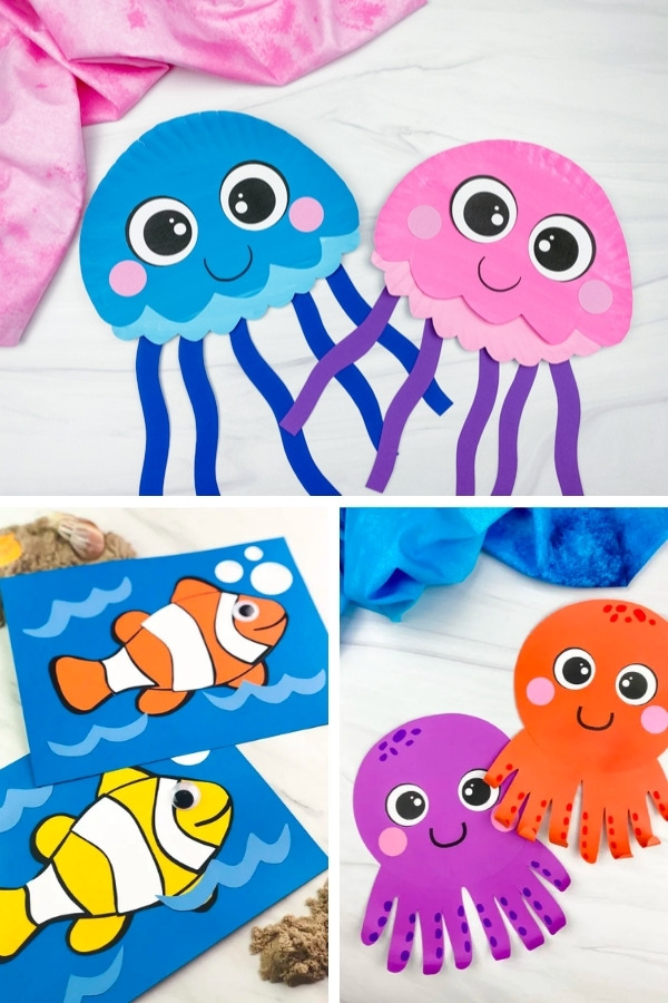 jellyfish, clownfish, and octopus craft image collage