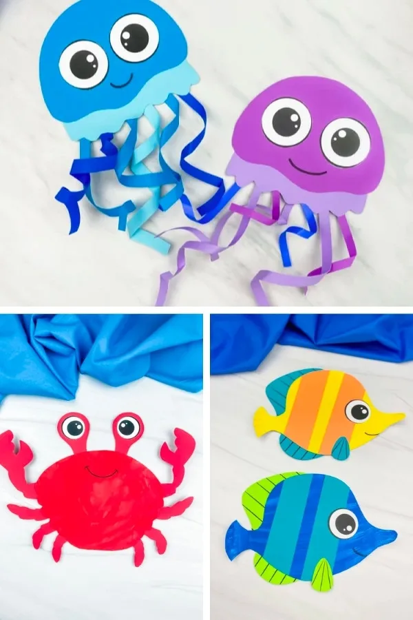 jellyfish, crab, and fish craft image collage 