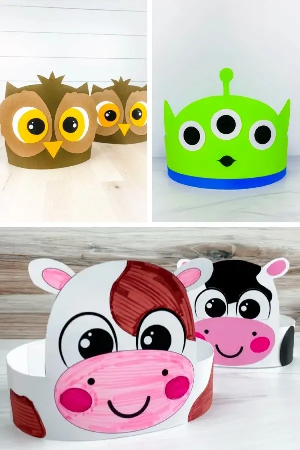 owl, alien, and cow headband craft image collage
