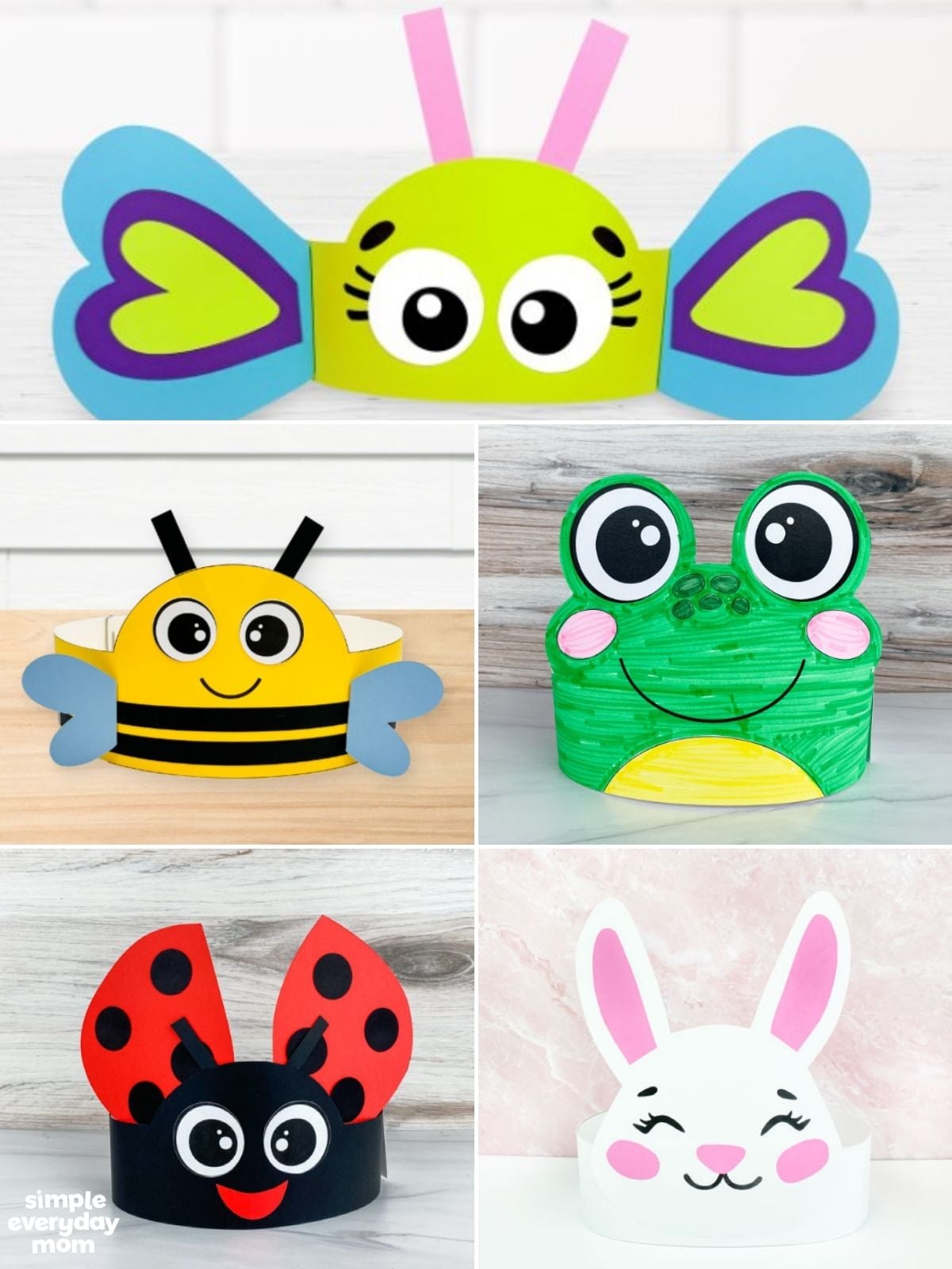 Collage of colorful paper bug and spring animal headbands, including a butterfly, bee, frog, ladybug, and bunny.
