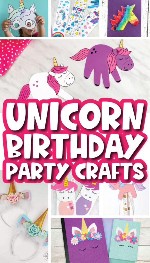 unicorn crafts for birthday party image collage with the words unicorn birthday party crafts in the middle