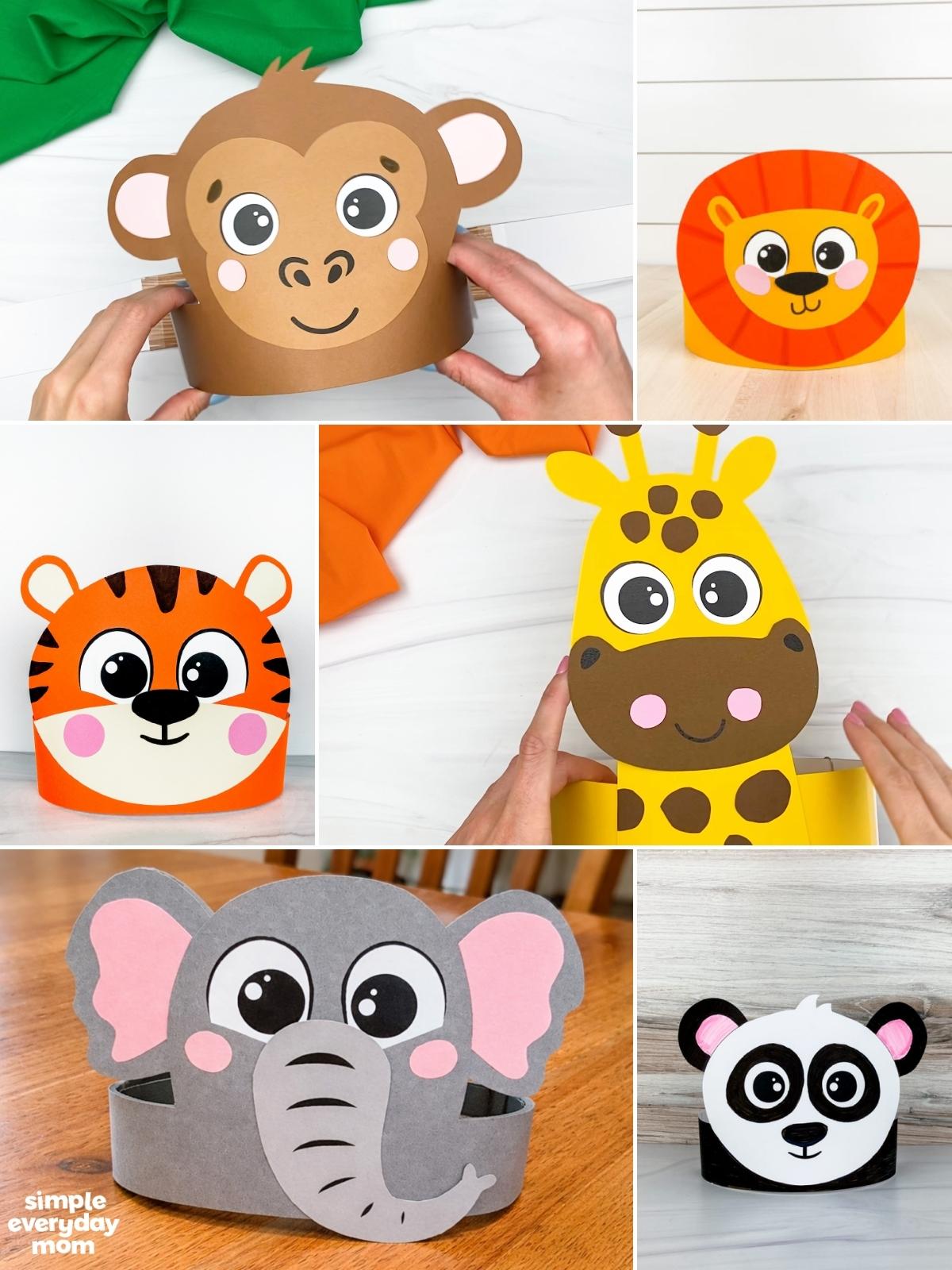 Collage of colorful paper zoo animal headbands, including a monkey, lion, tiger, giraffe, elephant, and panda.