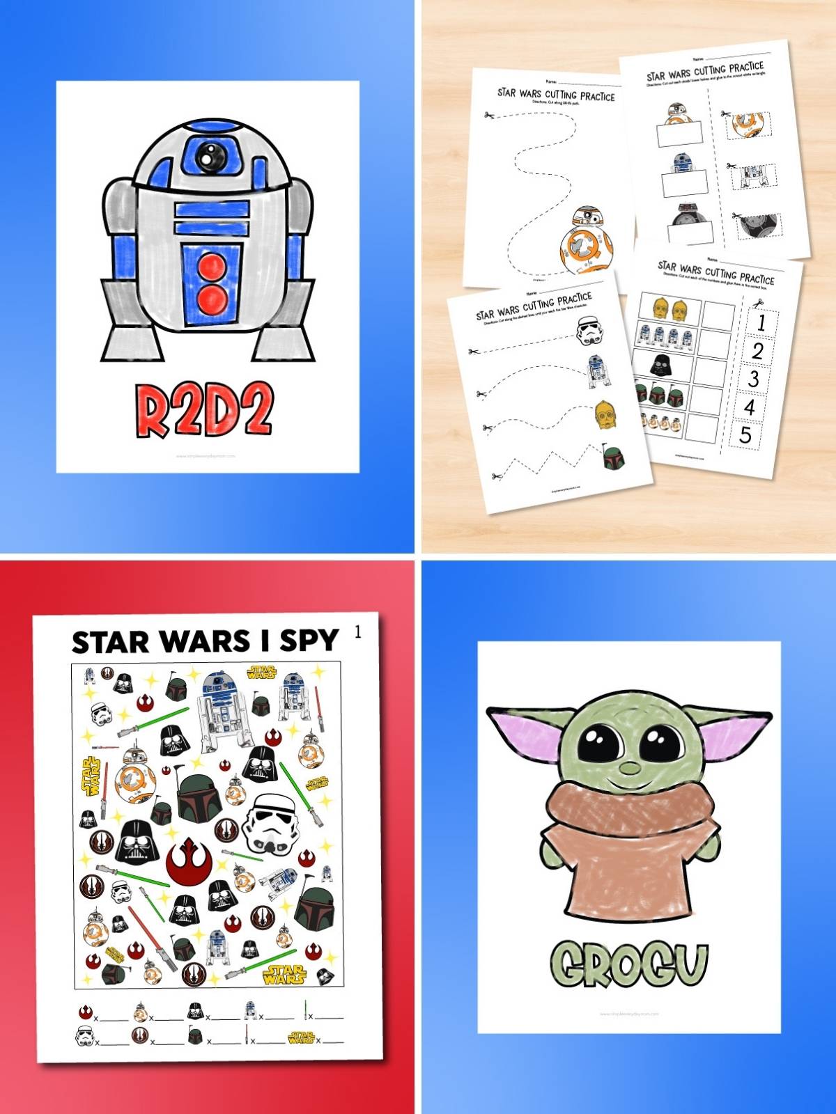 Collage of Star Wars-themed children’s activity printables, including a colored R2-D2 drawing, cutting practice worksheets, an “I Spy” page with character icons, and a colored Grogu illustration.