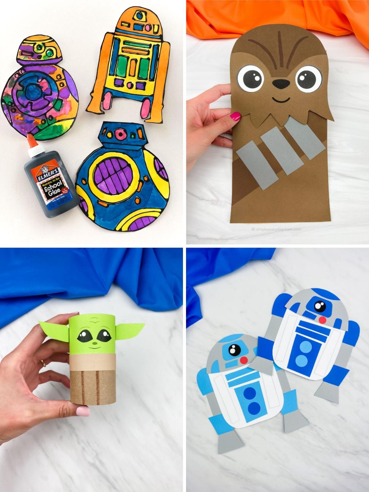 Collage of Star Wars-themed kids’ crafts, including colorful paper droid cutouts with glue, a Chewbacca paper bag puppet, a Grogu toilet paper roll craft, and two R2-D2 paper figures.
