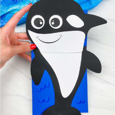 hand holding orca paper bag puppet craft