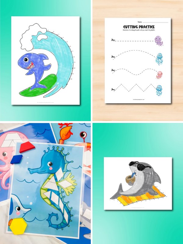 Collage of ocean-themed kids' activity sheets including a connect-the-dots surfing shark, a cutting practice page with jellyfish, a shape matching seahorse game, and a dot-to-dot dolphin relaxing on a beach towel.