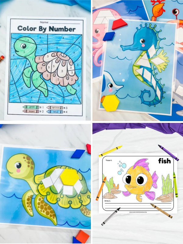 Collage of ocean animal-themed educational activities including a color-by-number turtle and shell worksheet, pattern block seahorse and turtle mats, and a fish tracing and writing worksheet for early learners.