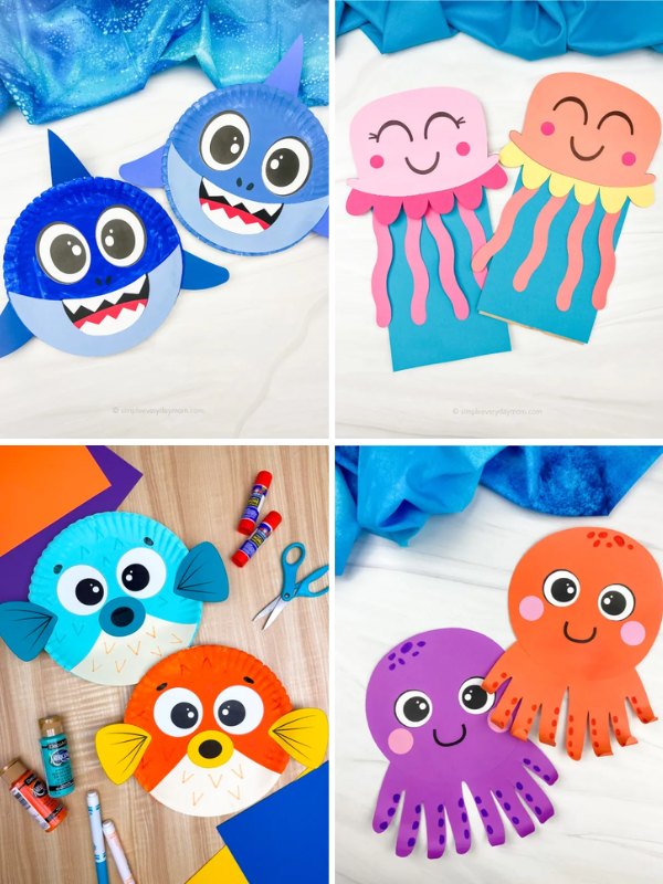 Collage of ocean-themed kids’ crafts including smiling shark and fish faces made from paper plates, colorful jellyfish with dangling tentacles, and friendly octopus characters created from handprint shapes.