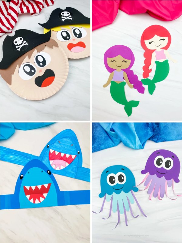 Collage of ocean-themed kids’ crafts featuring pirate face paper plates, paper mermaids, shark headbands, and smiling jellyfish made from handprint cutouts.