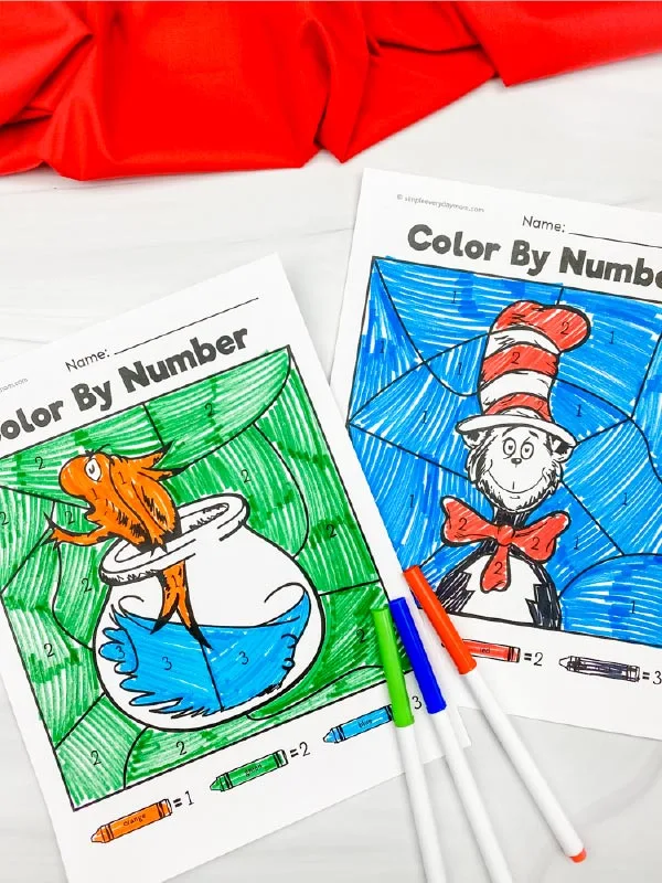 Cat in the Hat color by number printables