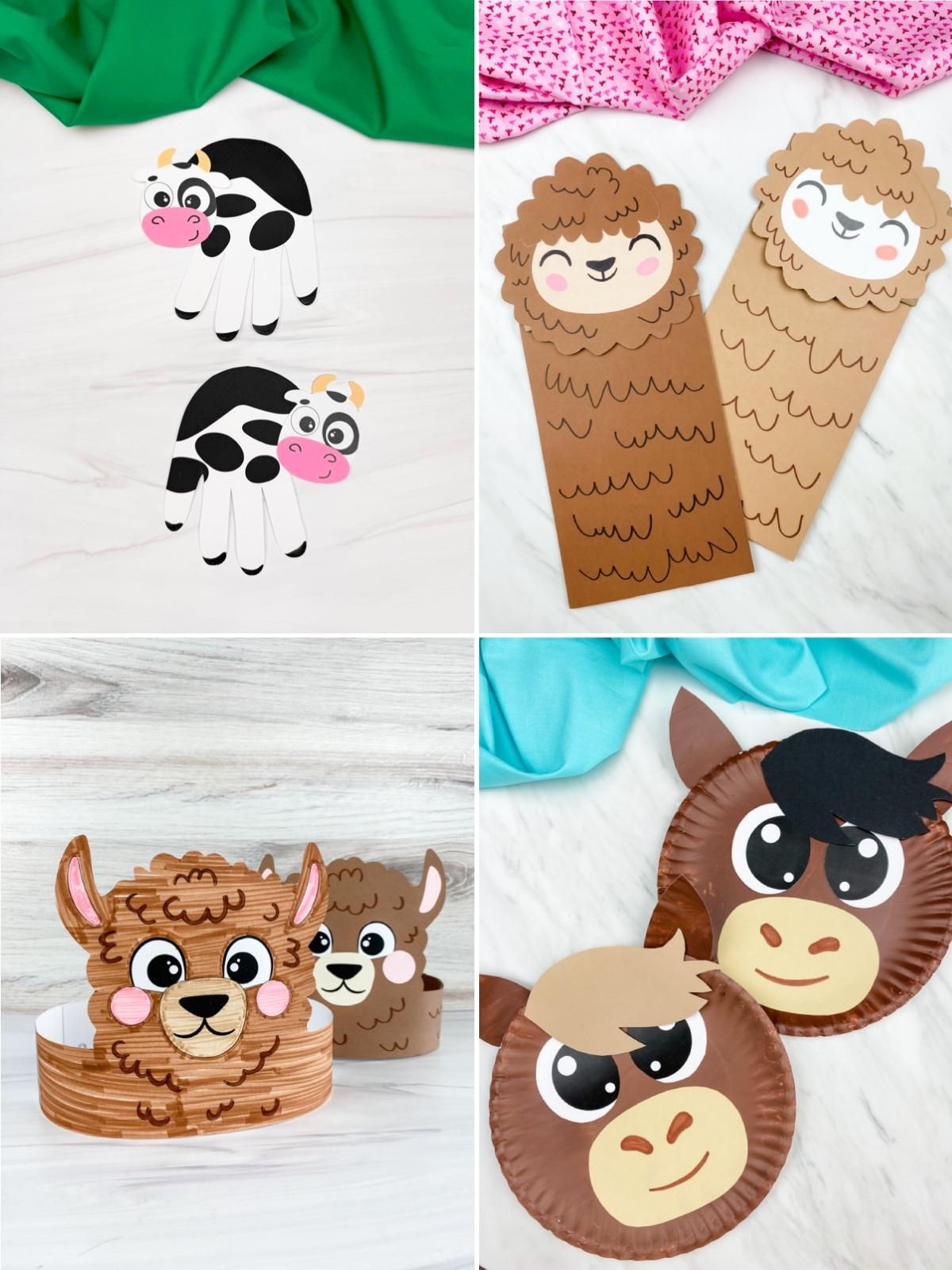 Collage of farm animal crafts including paper cows, llamas, and horses made from paper and plates.