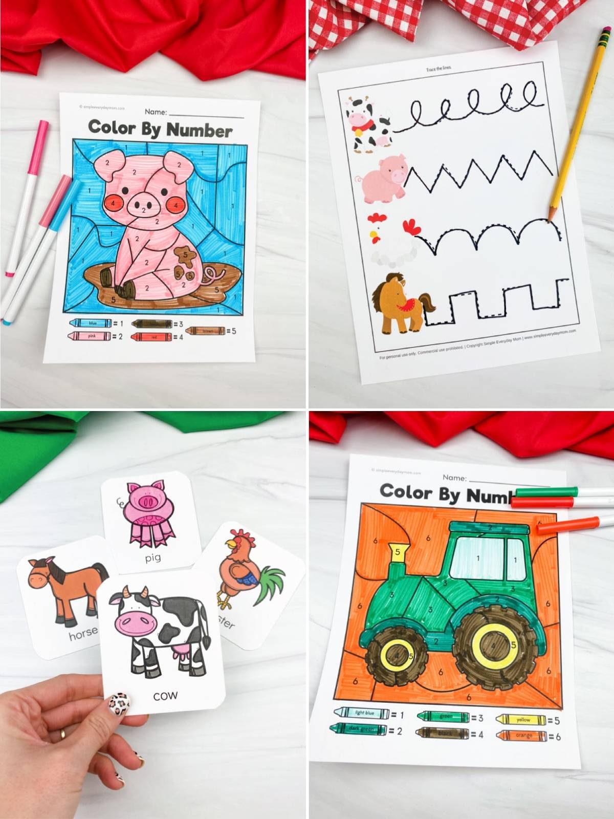 Collage of farm-themed worksheets including color-by-number pages, tracing lines, and animal flashcards.