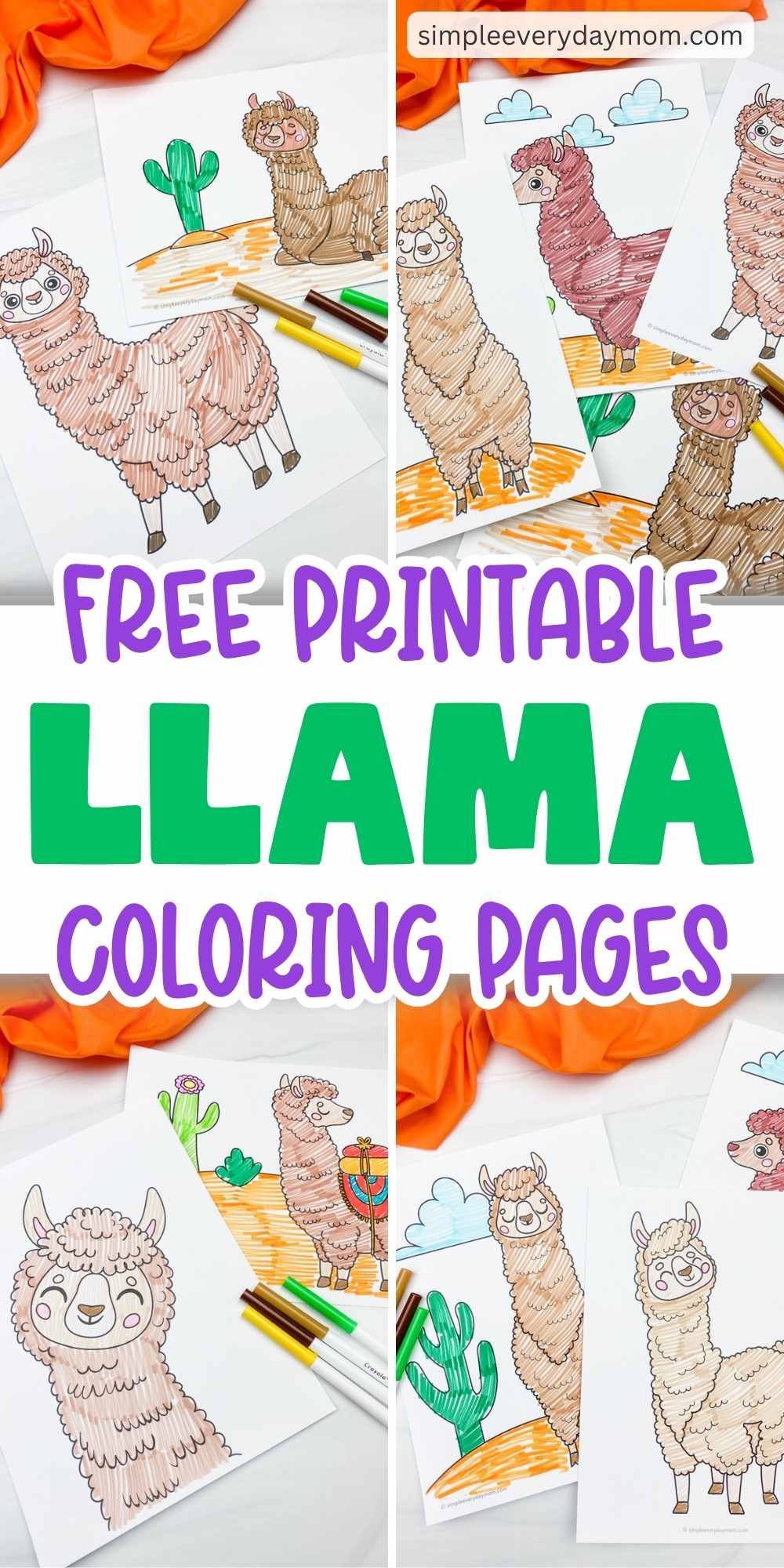 Collage of printable llama coloring pages with bold text reading “Free printable llama coloring pages.”