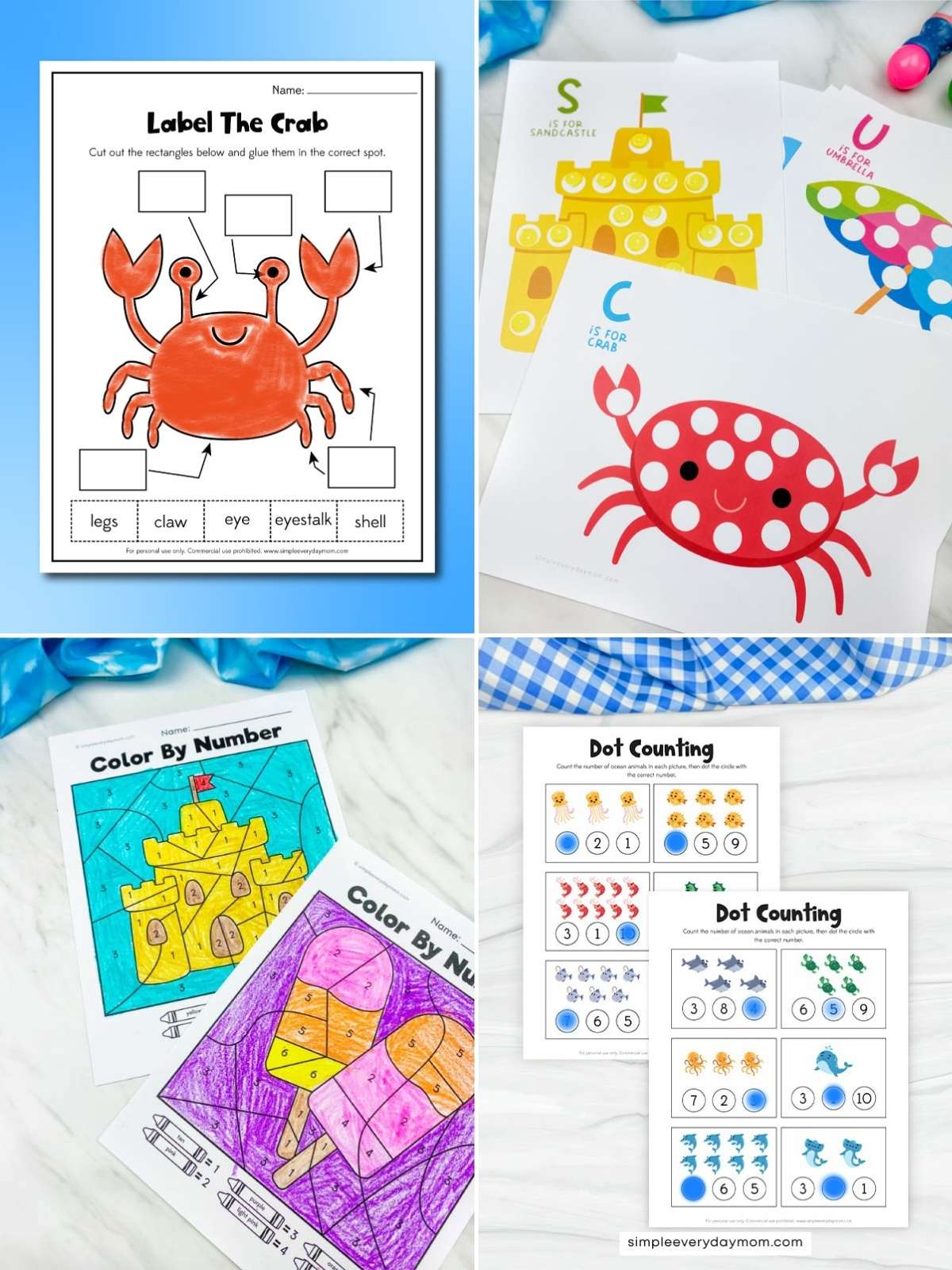 Collage of ocean-themed printable activities including a labeled crab worksheet, alphabet cards, color-by-number pages, and counting sheets.