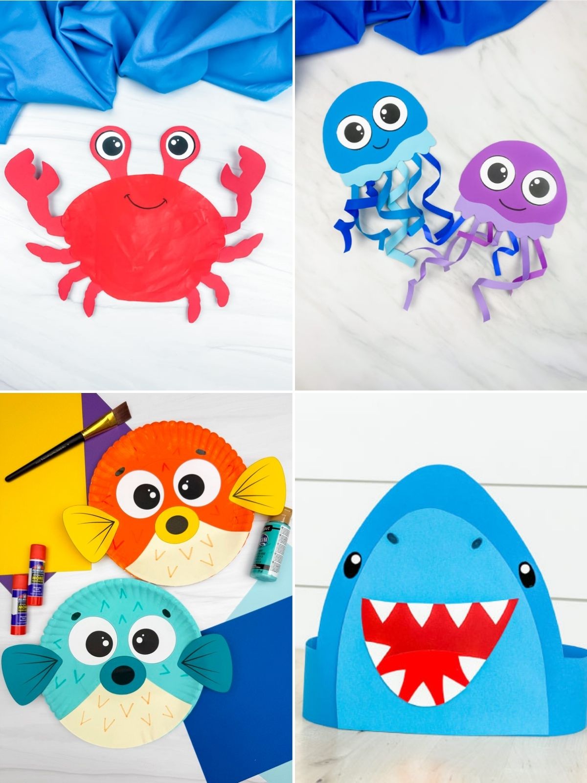 Collage of ocean animal crafts including a red crab, jellyfish, fish made from paper plates, and a blue shark.