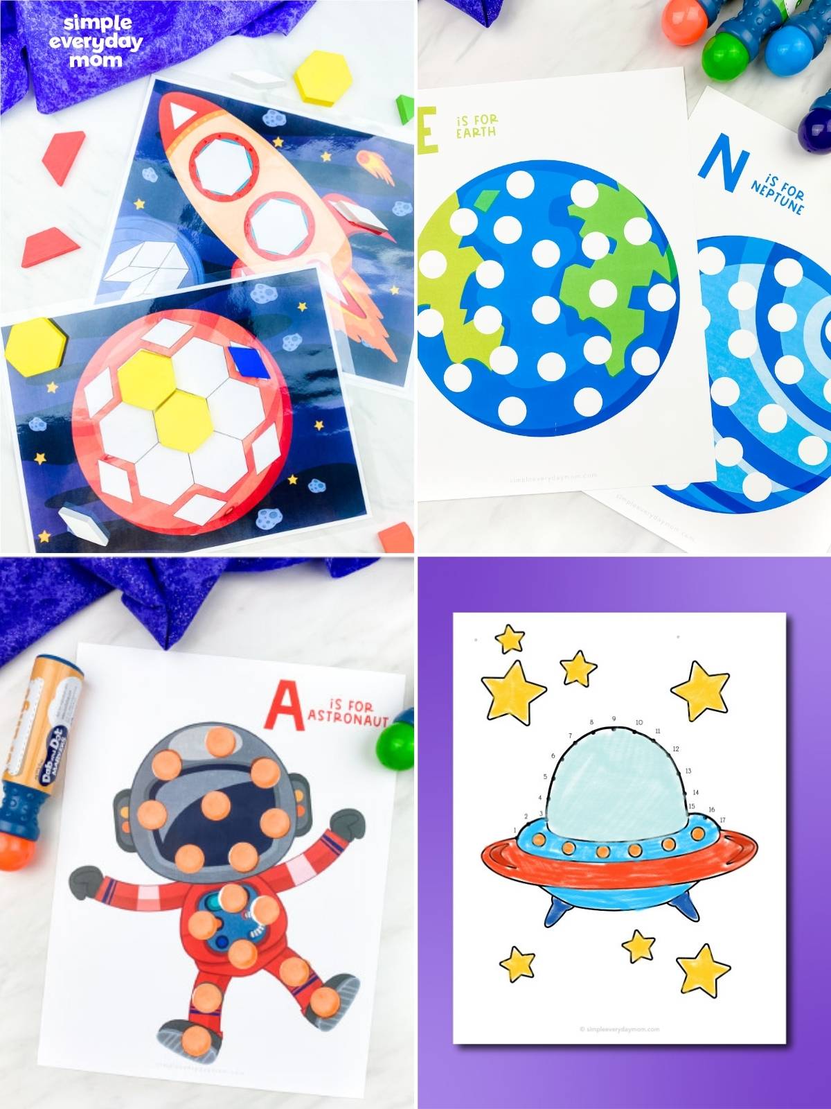 Collage of space-themed learning activities featuring rocket shape matching, planet dot markers, an astronaut worksheet, and a UFO dot-to-dot page.
