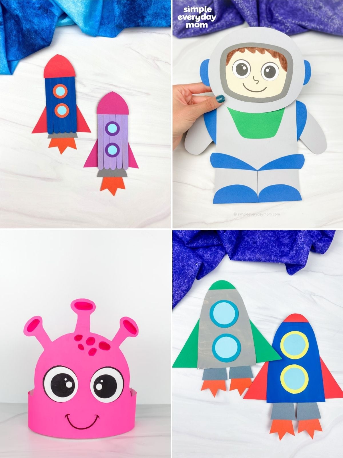 Collage of space crafts featuring popsicle-stick rockets, an astronaut, a pink alien headband, and paper rocket puppets.