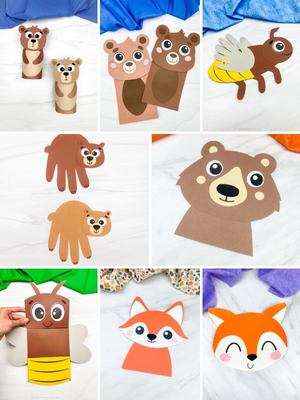 Collage of woodland-themed paper crafts including brown bear figures made from toilet paper rolls, paper bags, and handprint cutouts, two bee crafts with smiling faces, and three fox crafts made with simple paper cutouts and cartoon-style features. Backgrounds include green, blue, and purple fabrics.