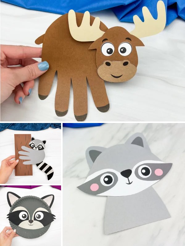 Collage of woodland animal crafts featuring a handprint moose with large antlers, a raccoon climbing a paper tree trunk, a simple raccoon face made from grey paper, and a raccoon face made with a paper plate. Backgrounds include blue and purple fabrics.