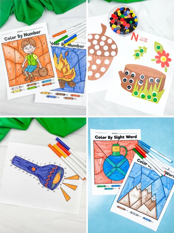 Collage of camping-themed printable worksheets for kids, including color-by-number pages of a camper and campfire, a do-a-dot activity with an acorn and log, a flashlight connect-the-dots activity, and color-by-sight-word pages of a lantern and mountain scene. Worksheets are colored with markers and accompanied by markers and buttons on a white surface.