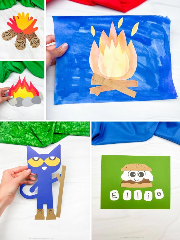 Collage of camping-themed crafts including three versions of paper campfire art, a blue paper background with a campfire, a blue cartoon cat holding a hiking stick, and a green sheet with a smiling s'more illustration and the name "Ellie" spelled in white circles. All crafts are made from cut paper shapes.