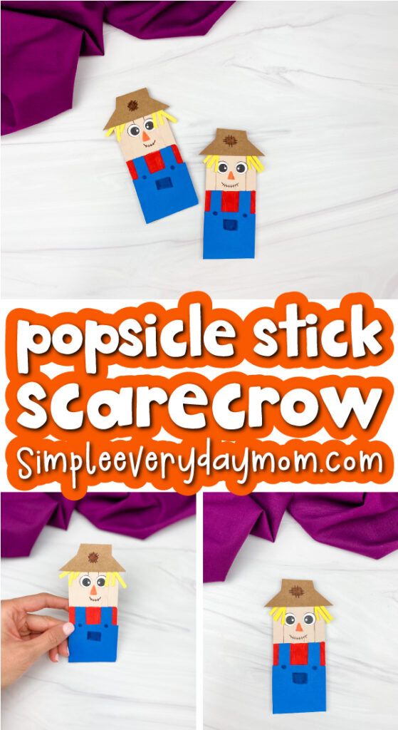 popsicle stick scarecrow craft collage with the words popsicle stick scarecrow in the middle