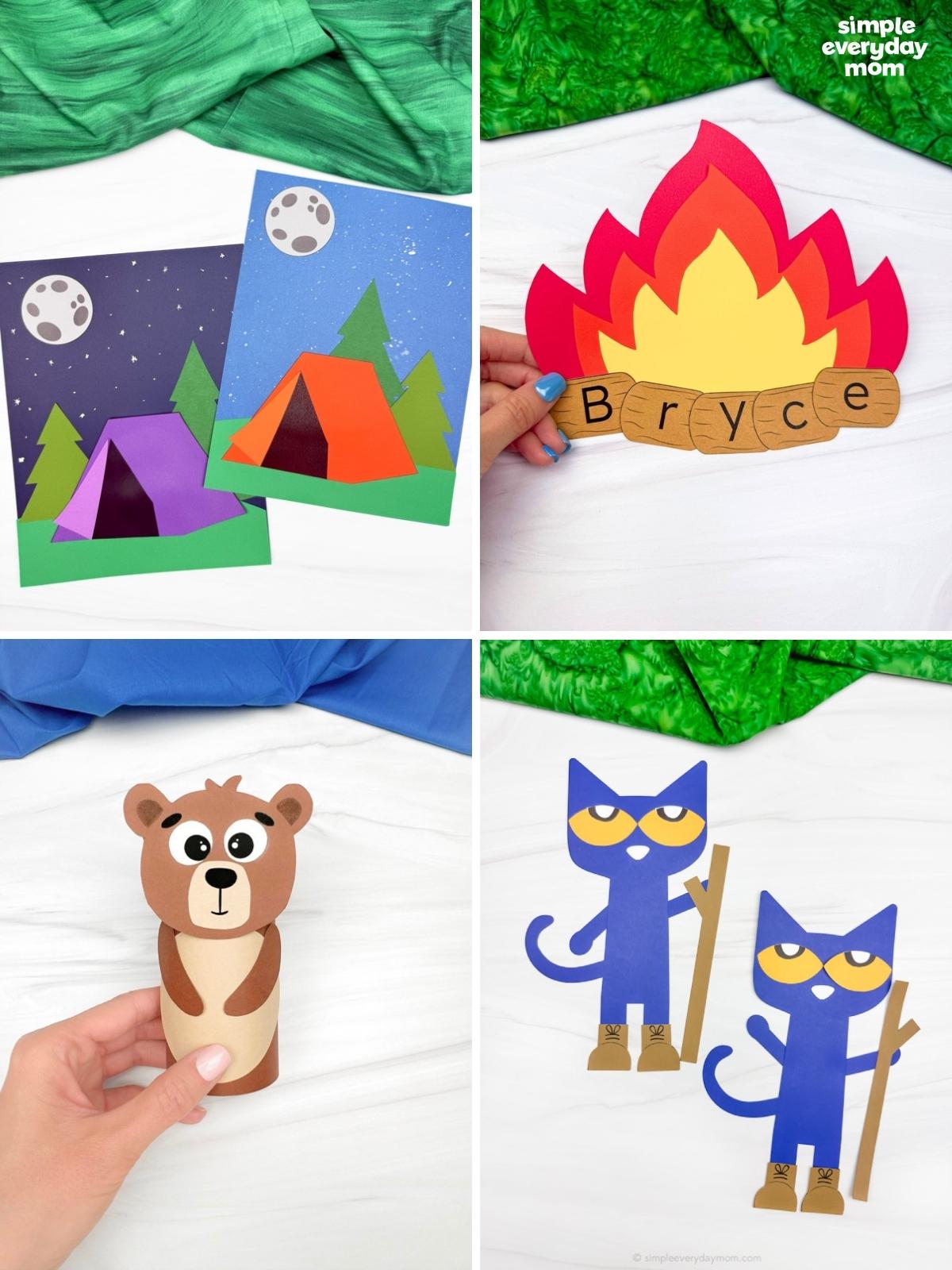 A collage features four camping-themed kids' crafts, including paper tents, a campfire name craft, a bear toilet paper roll craft, and Pete the Cat camping craft