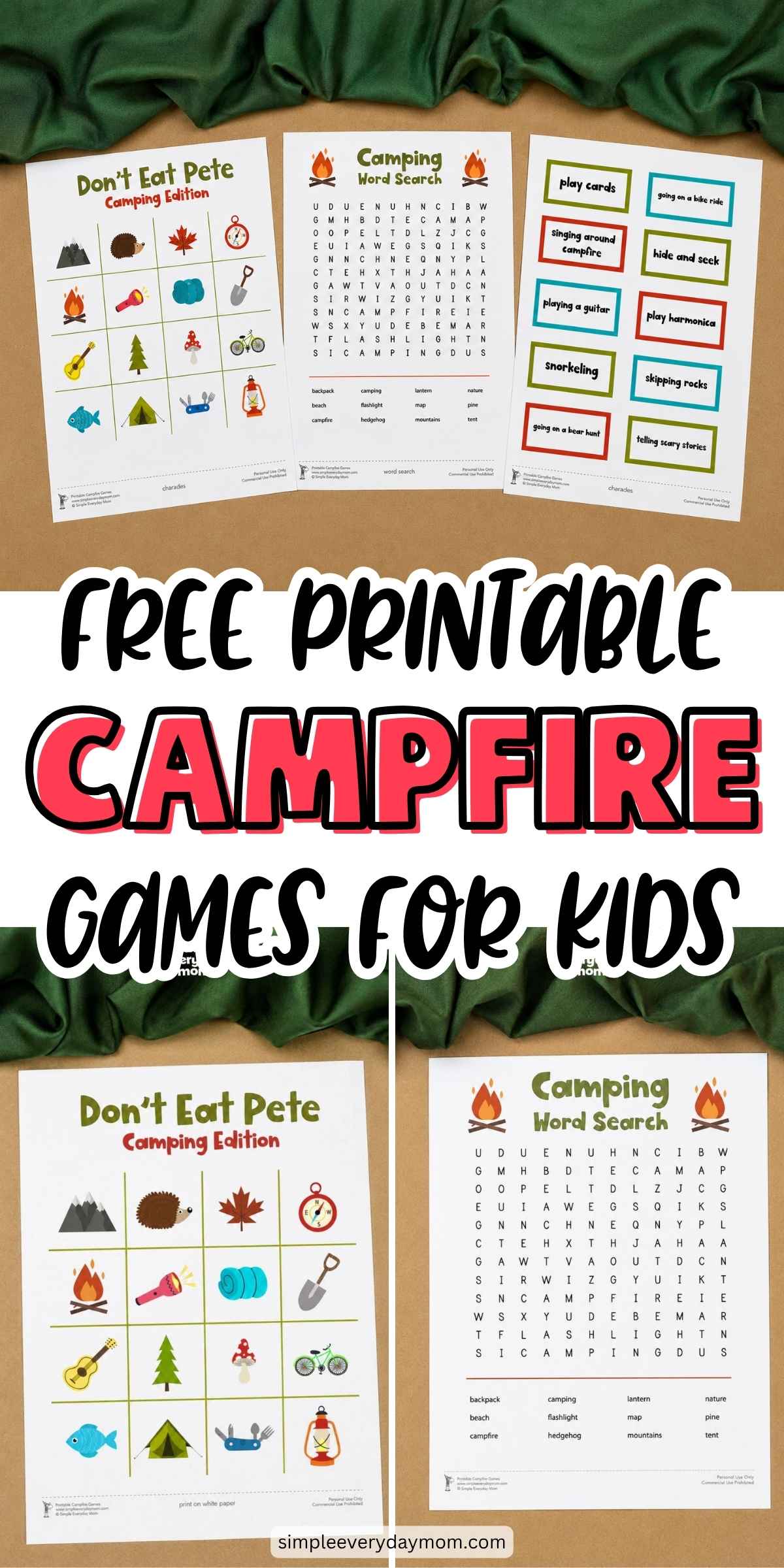 A collage showcases printable camping games for kids, including a "Don't Eat Pete" game, a camping word search, and camping-themed charades cards.