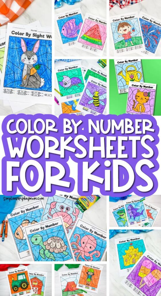 color by number worksheet image collage with the words color by number worksheets for kids