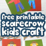 printable scarecrow craft image collage with the words free printable scarecrow kids craft in the middle