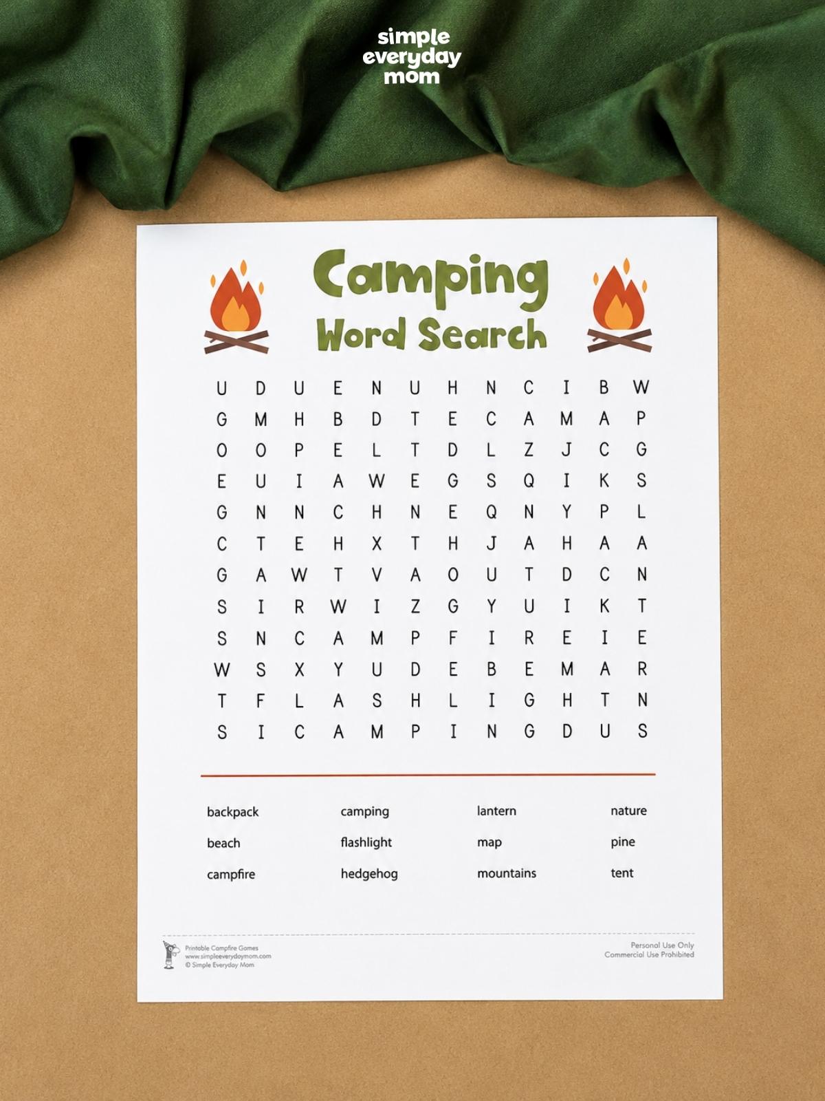 A printable camping-themed word search includes a letter grid and a list of camping-related words such as backpack, campfire, flashlight, mountains, tent, and lantern.