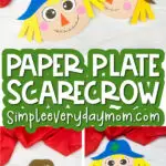 paper plate scarecrow craft image collage with the words paper plate scarecrow in the middle