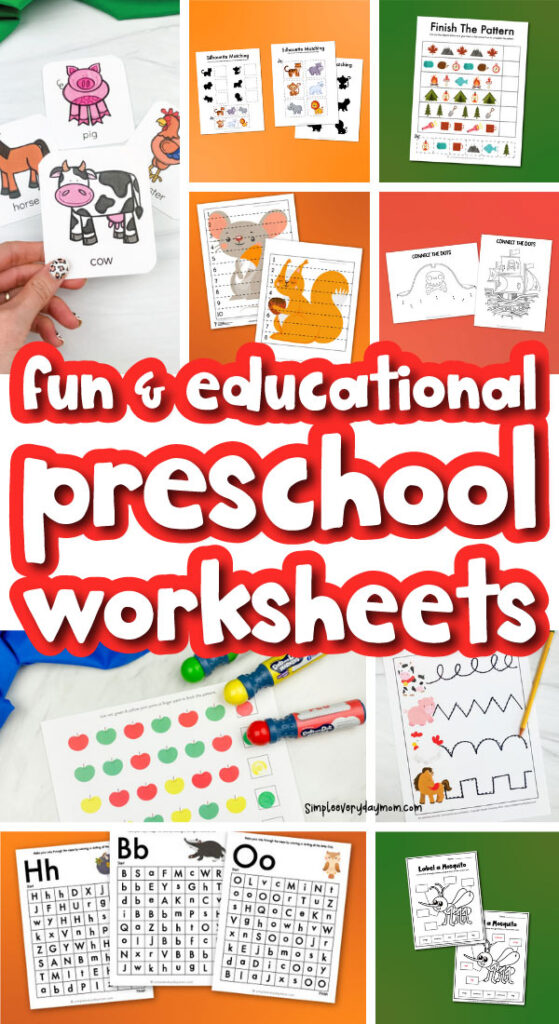 preschool worksheet image collage with the words fun and educational preschool worksheets in the middle