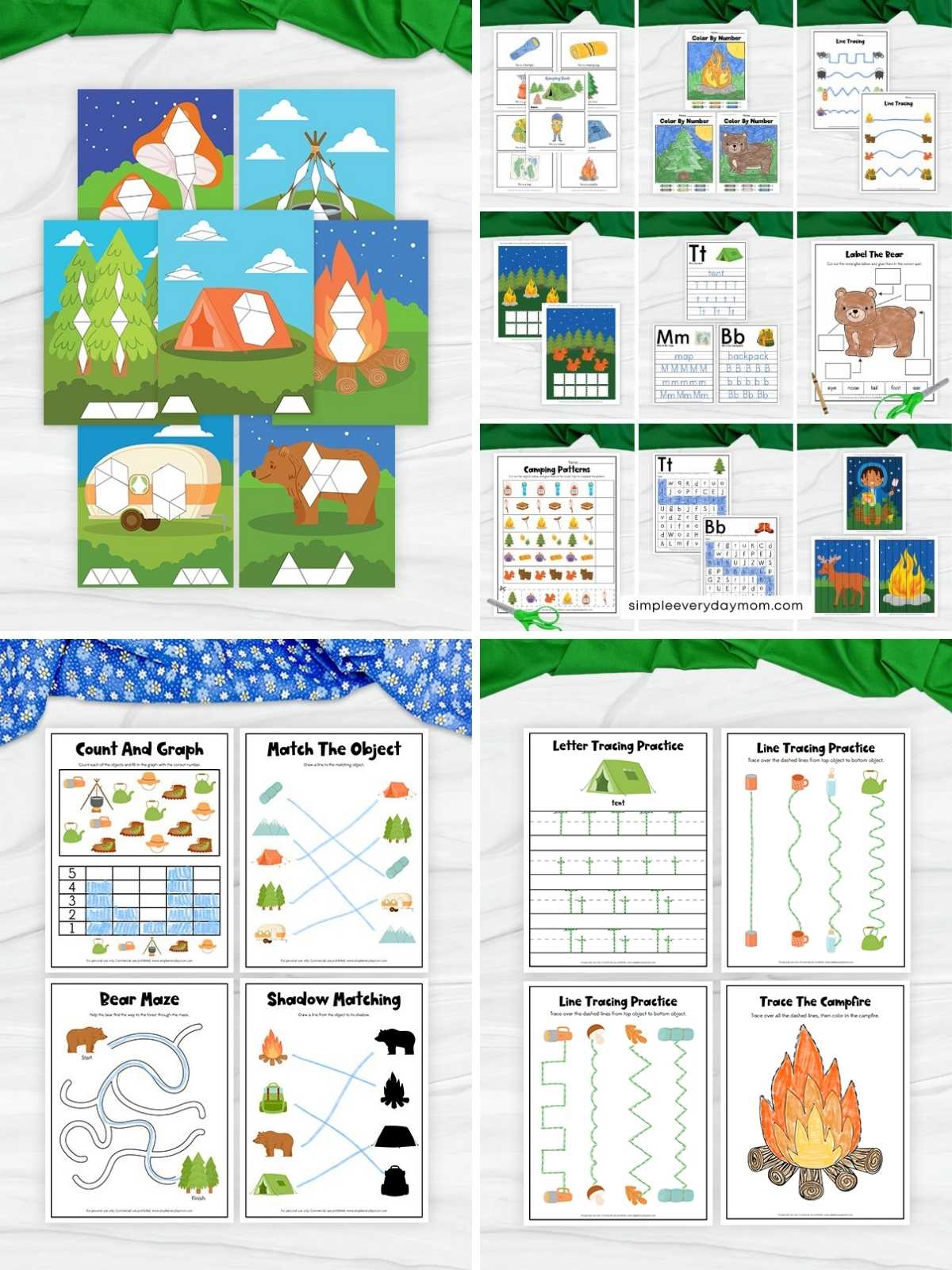 A collage showcases printable camping-themed activities for kids, including shape puzzles, tracing pages, color-by-number worksheets, matching games, mazes, letter practice, counting activities, and coloring pages.