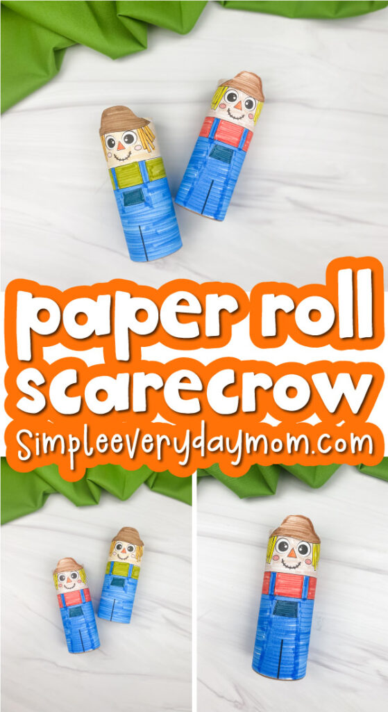 toilet paper roll scarecrow image collage with the words paper roll scarecrow in the middle