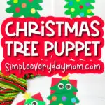 Christmas tree paper bag puppet craft image collage with the words christmas tree puppet in the middle