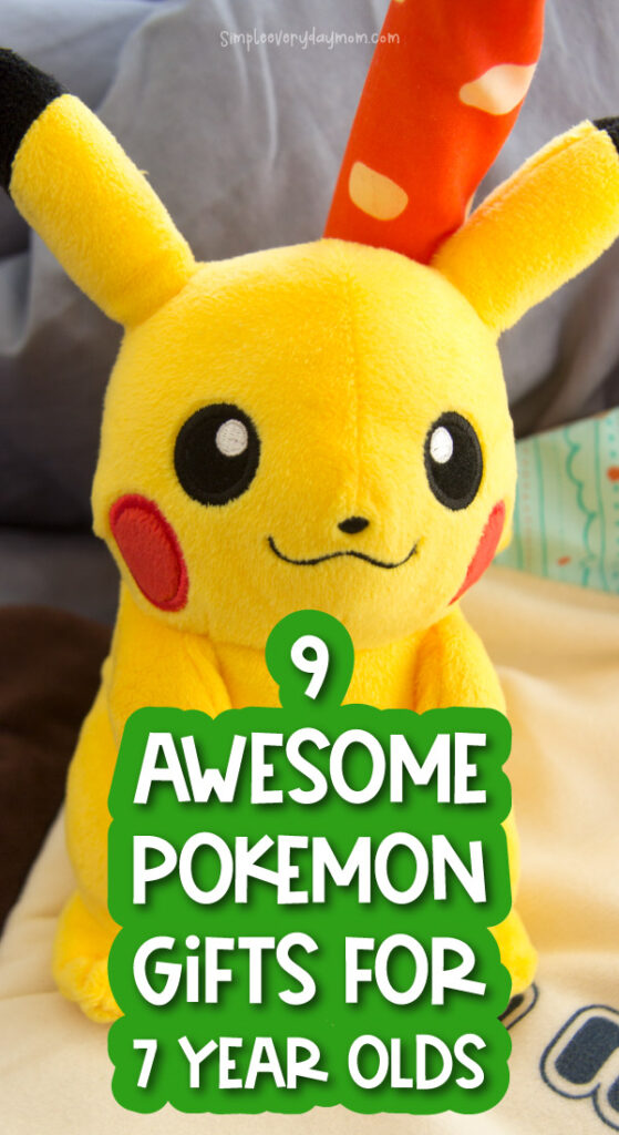 Pikachu plush with the words 9 awesome Pokemon gifts for 7 year olds