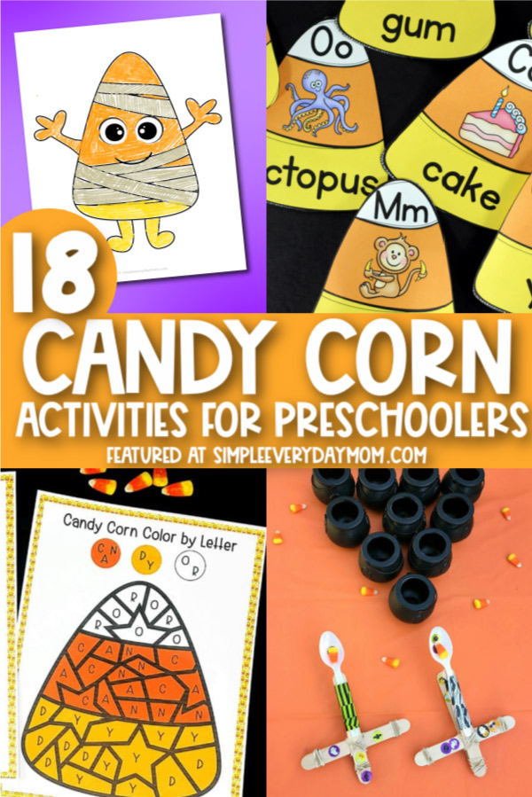 candy corn activities image collage with the words 18 candy corn activities for preschoolers