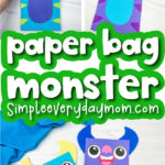 monster paper bag puppet craft image collage with the words paper bag monster