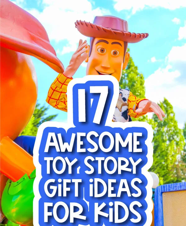 Giant Woody background with the words toy story gift ideas for kids