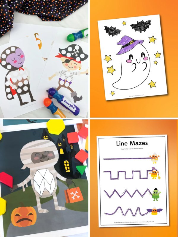 A collage of Halloween-themed preschool activities: pirate-themed dot marker coloring pages, a ghost coloring sheet with stars and bats, a shape-matching activity with a mummy in a spooky scene, and a line maze worksheet with cartoon Halloween characters guiding each path.