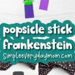 Frankenstein popsicle stick craft image collage with the words popsicle stick Frankenstein