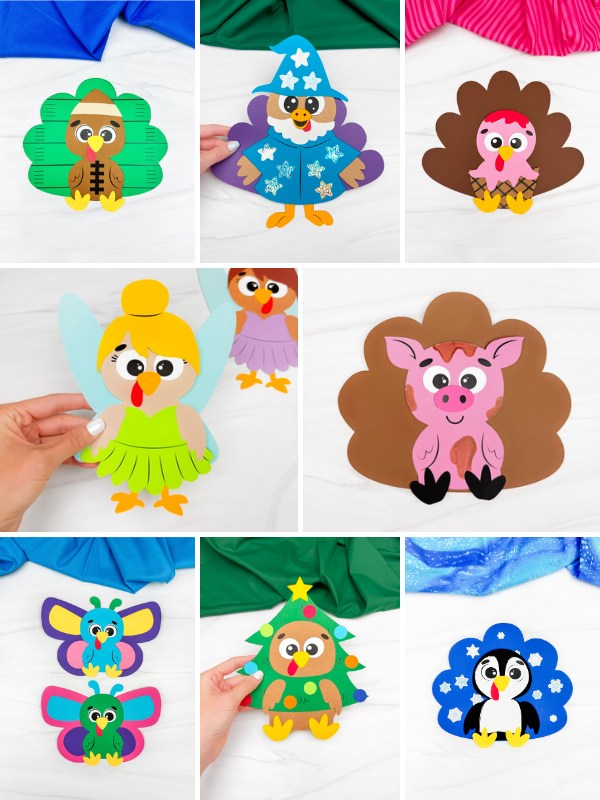 A collage displays nine colorful paper turkey crafts, each creatively themed as various characters or objects including a fairy, wizard, pig, butterflies, a Christmas tree, and a penguin.